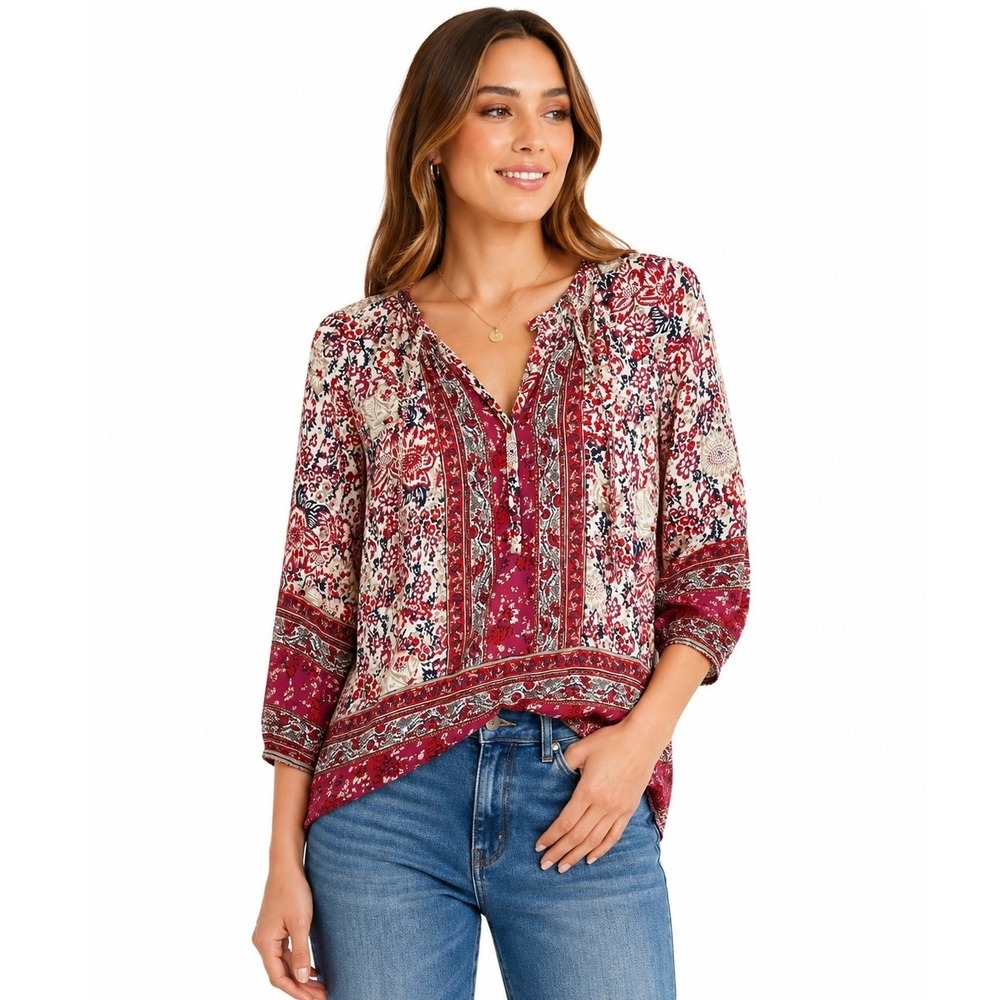 Lucky Brand Floral Paisley Blouse Women Small Pink Boho Casual
